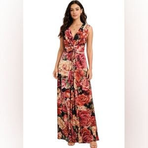 The Pyramid Collection Vibrant Pink Floral Maxi Dress Size L Knot Front Comfort